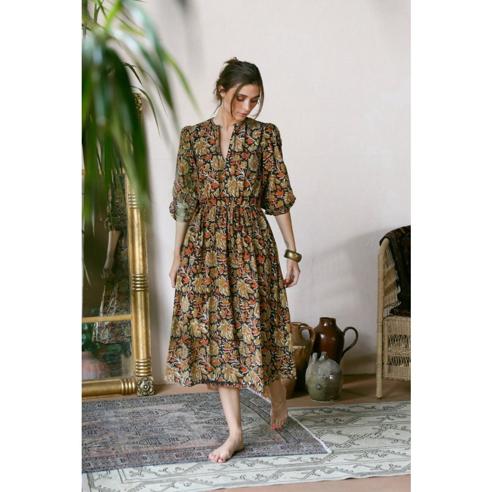 Mille Resort & Travel Celeste Sunset Floral Cotton Midi Dress Boho Cottagecore M